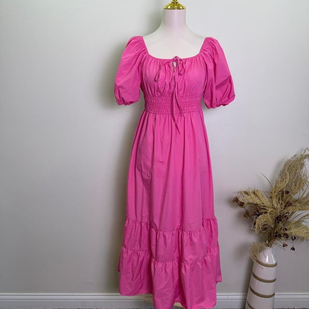 Hot Pink Puff Sleeve Tiered Midi Dress Womens Large Smocked Waist